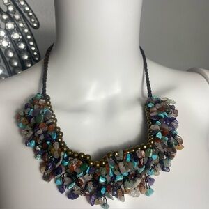 Handmade cord necklace with gemstones and brass beads 22”